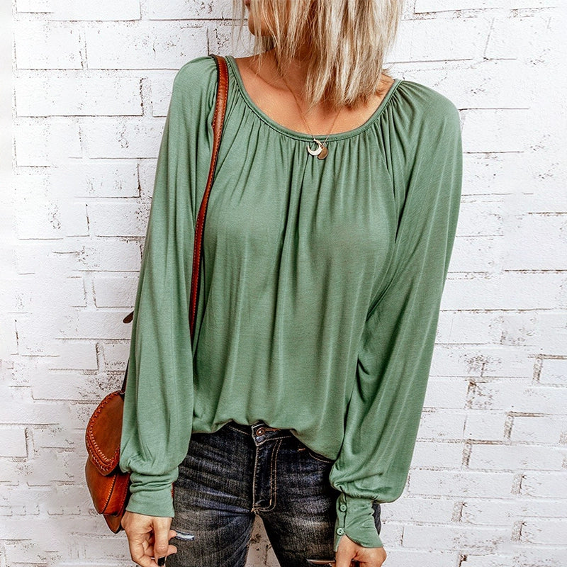 Fashion Long Sleeves T-shirt Women's Thin Green Easiest for Match 2024 New Arrival Cufflinks Easiest for Match round Neck Base Pullover Women - Image 7