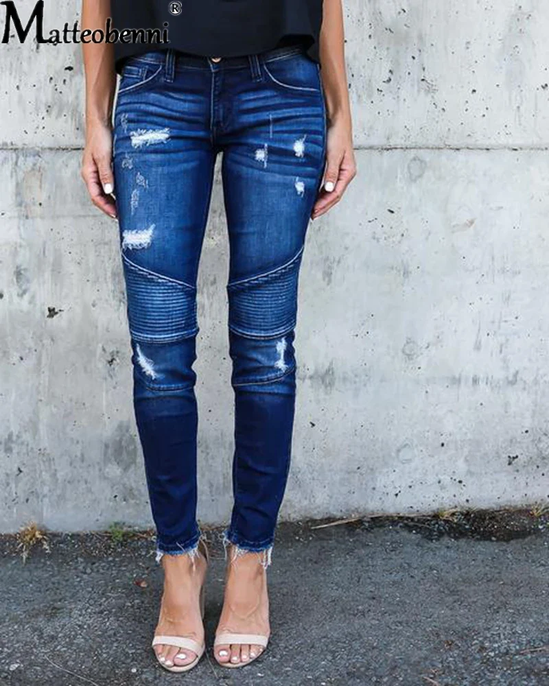 Fashion Mid Waist Skinny Jeans Women Vintage Distressed Denim Pants Autumn Crimped Destroyed Pencil Pants Casual Ripped Jeans - Image 4