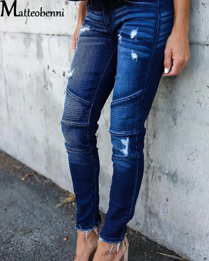 Fashion Mid Waist Skinny Jeans Women Vintage Distressed Denim Pants Autumn Crimped Destroyed Pencil Pants Casual Ripped Jeans - Image 5