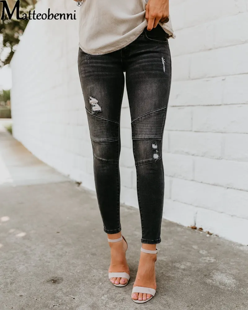 Fashion Mid Waist Skinny Jeans Women Vintage Distressed Denim Pants Autumn Crimped Destroyed Pencil Pants Casual Ripped Jeans - Image 6