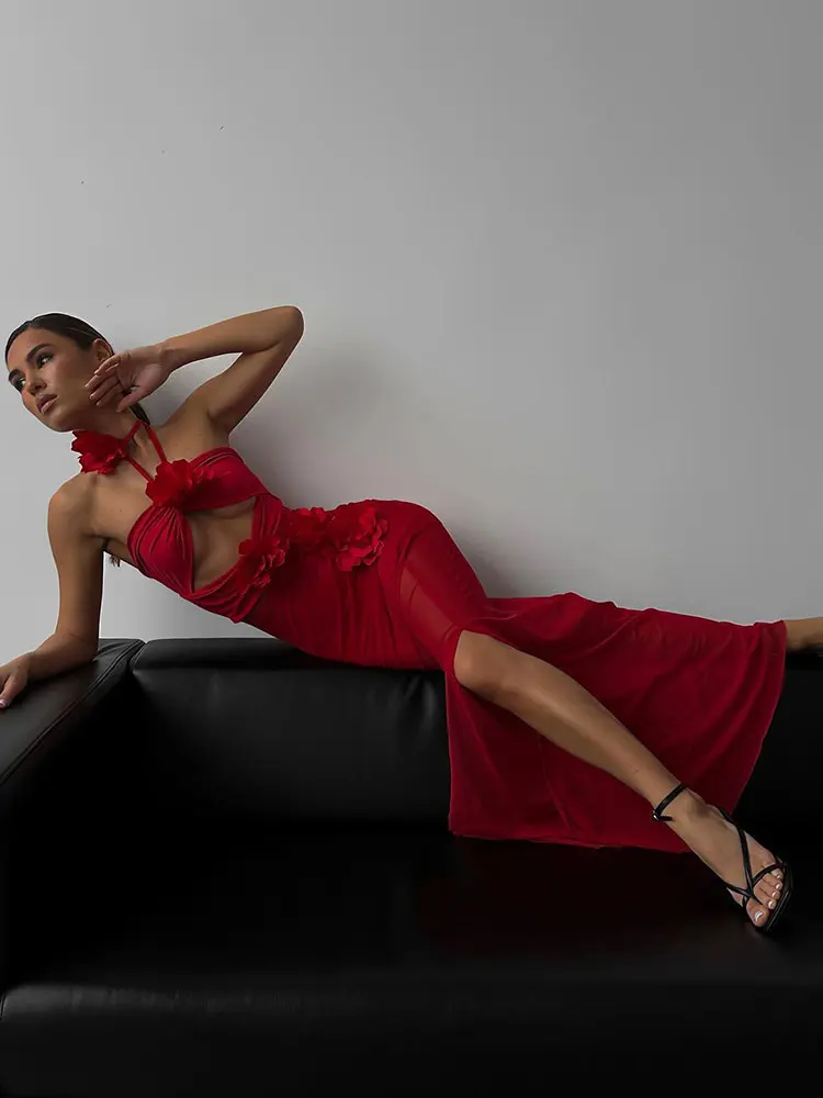 Fashion Neck Hanging Hollow Out Dress Women Elegant Sleeveless Backless High Split Ruched Dresses Summer Partywear Vestidos - Image 3