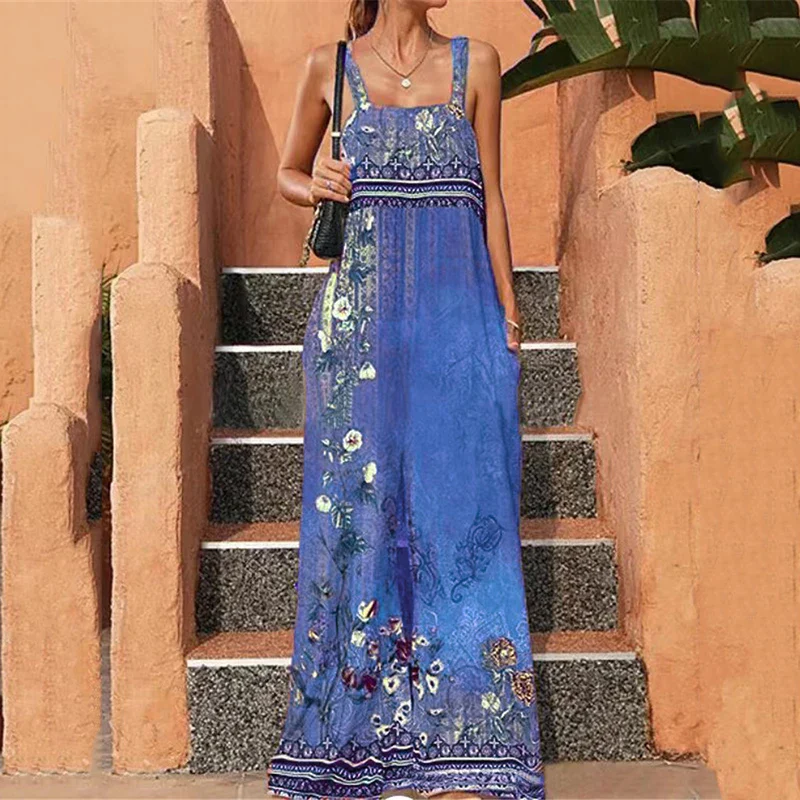 Fashion New Ethnic Style Printed Sleeveless Sling Women Jumpsuit Summer Loose Causal Vintage Backless Wide Leg Pants Jumpsuit