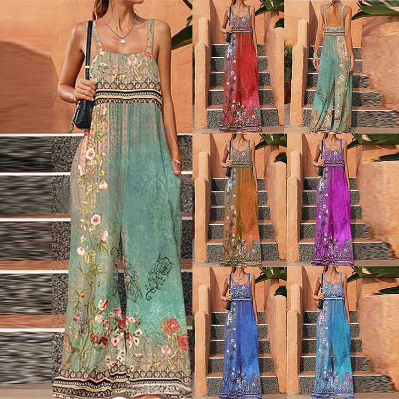 Fashion New Ethnic Style Printed Sleeveless Sling Women Jumpsuit Summer Loose Causal Vintage Backless Wide Leg Pants Jumpsuit - Image 6
