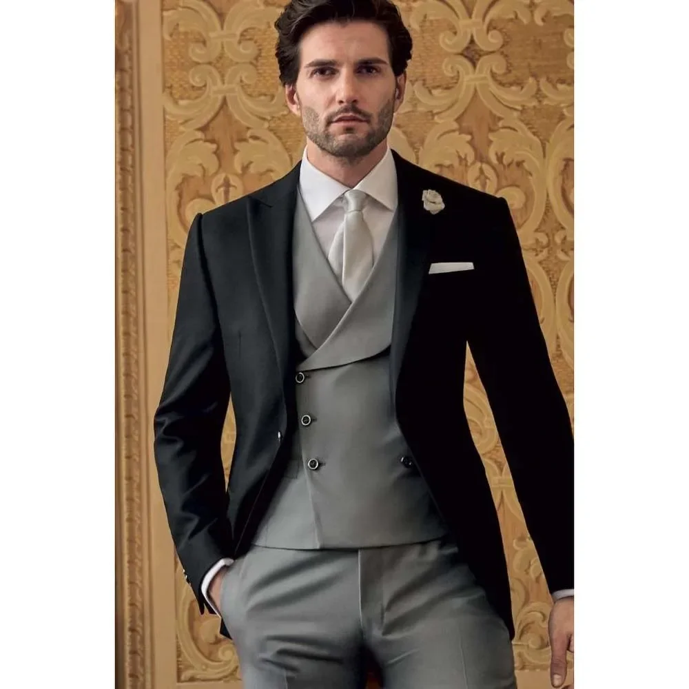 Fashion Peak Lapel Full Men's Suit Formal Business Causal Outfits Elegant Groom Wedding Tuxedo 3 Piece Set (Blazer+Vest+Pants) - Image 2