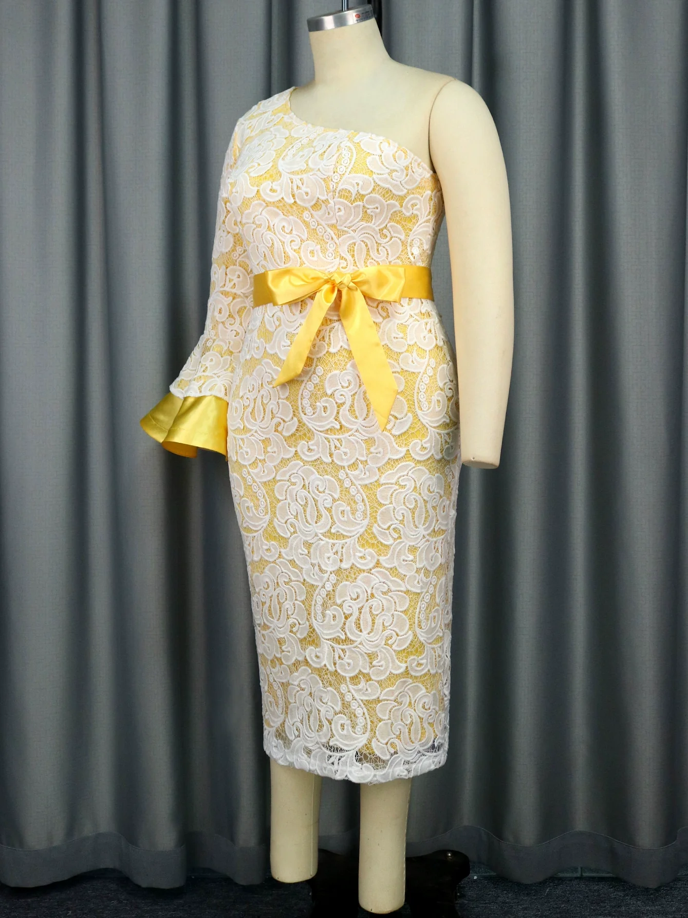 Fashion Plus Size Chubby Girl Elegance One-Shoulder Sleeve Lace High Waist Dress Dress plus Size Lace Dress - Image 2