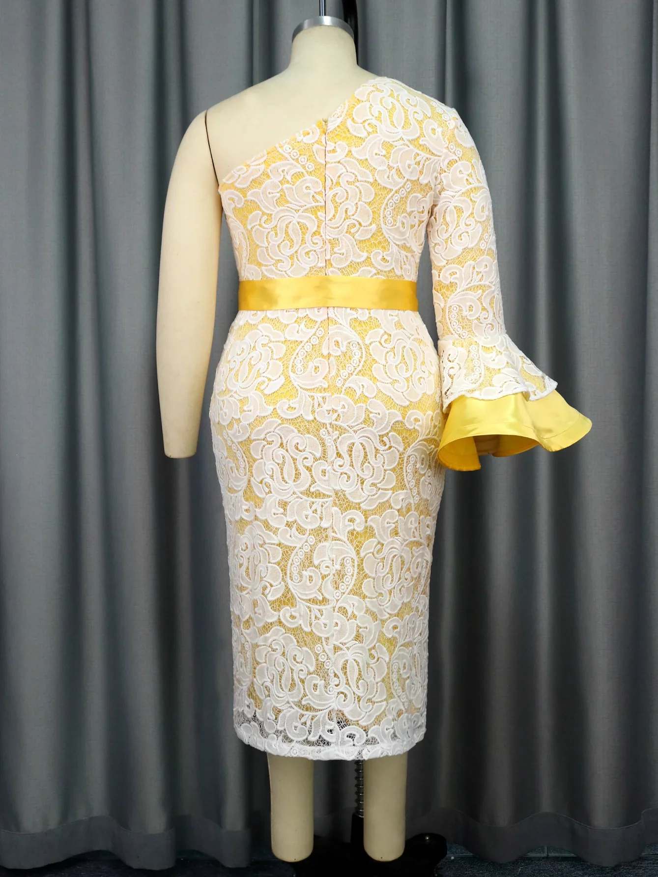 Fashion Plus Size Chubby Girl Elegance One-Shoulder Sleeve Lace High Waist Dress Dress plus Size Lace Dress - Image 3