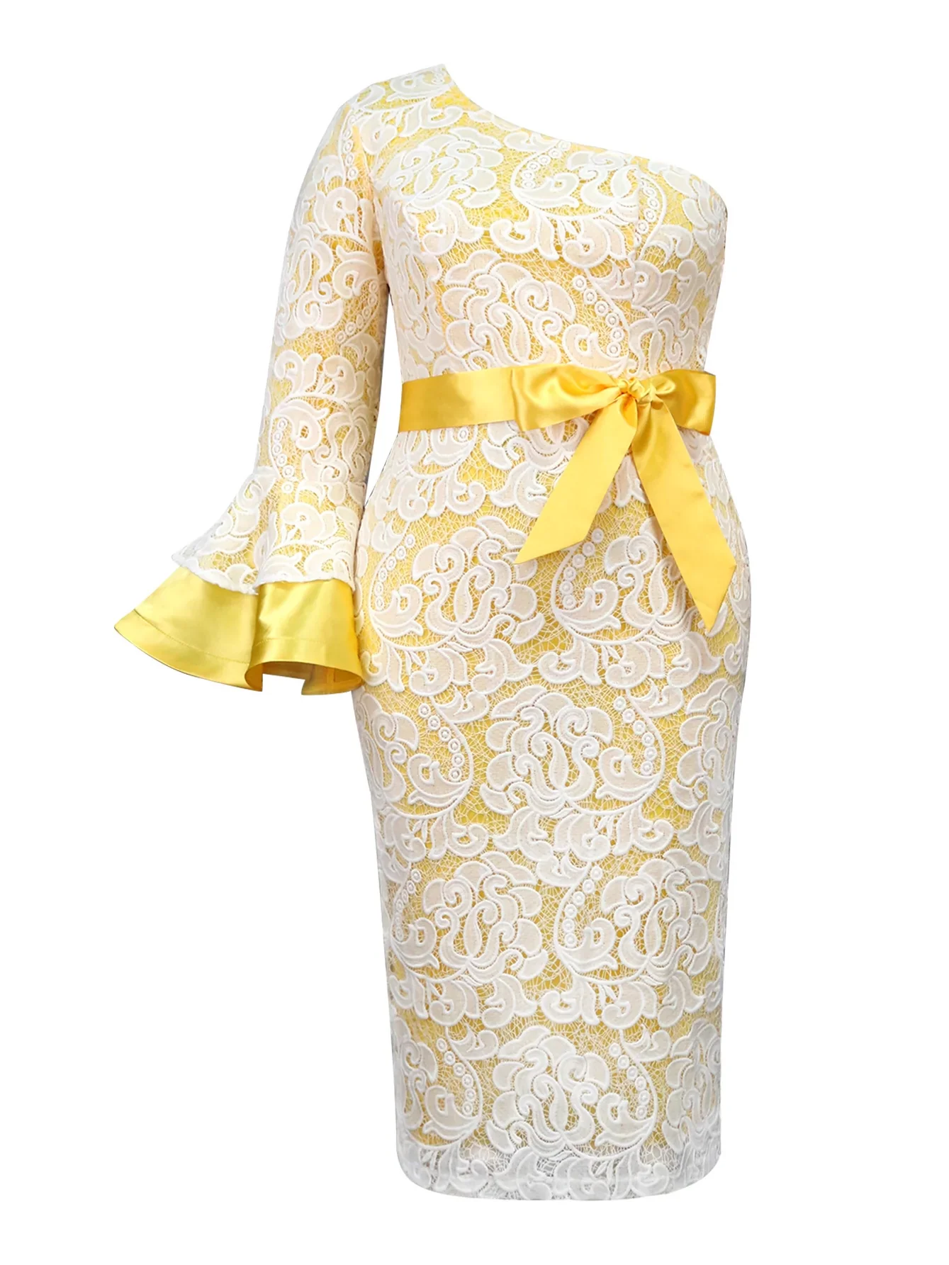 Fashion Plus Size Chubby Girl Elegance One-Shoulder Sleeve Lace High Waist Dress Dress plus Size Lace Dress - Image 5