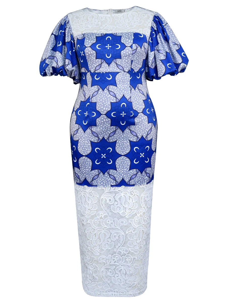 Fashion Plus Size Lace Stitching Printing Dress plus Size Printed Long Dress Women - Image 5