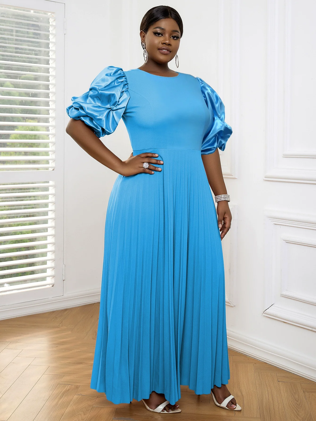 Fashion Plus Size Loose Plaid Puff Sleeves Pleated Skirt plus Size Pleated Casual Dress - Image 2