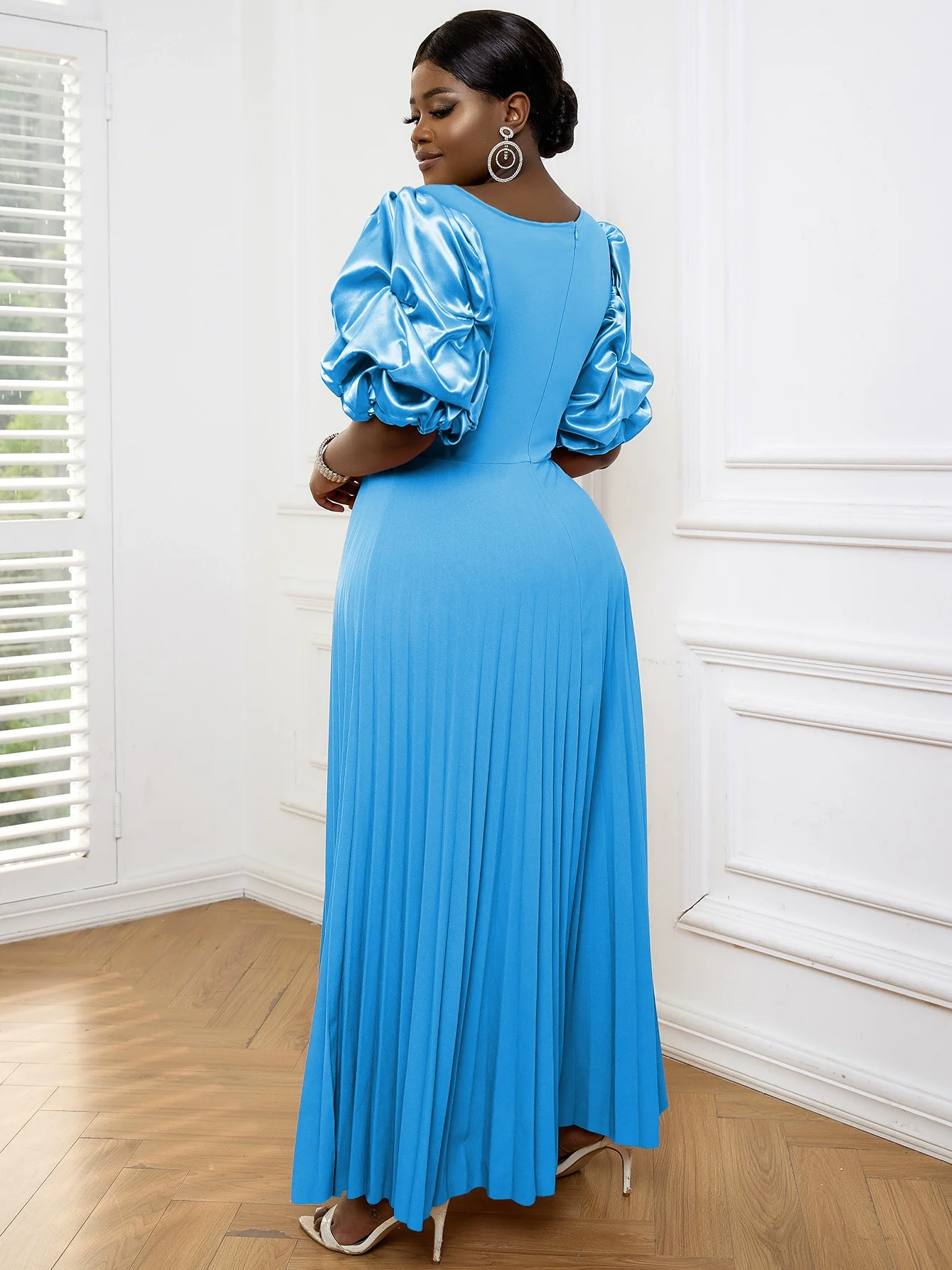 Fashion Plus Size Loose Plaid Puff Sleeves Pleated Skirt plus Size Pleated Casual Dress - Image 3