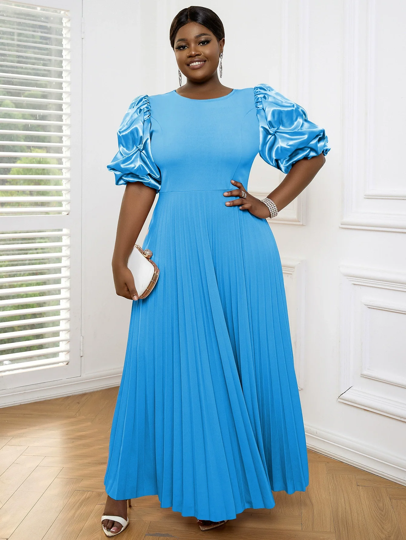 Fashion Plus Size Loose Plaid Puff Sleeves Pleated Skirt plus Size Pleated Casual Dress - Image 6