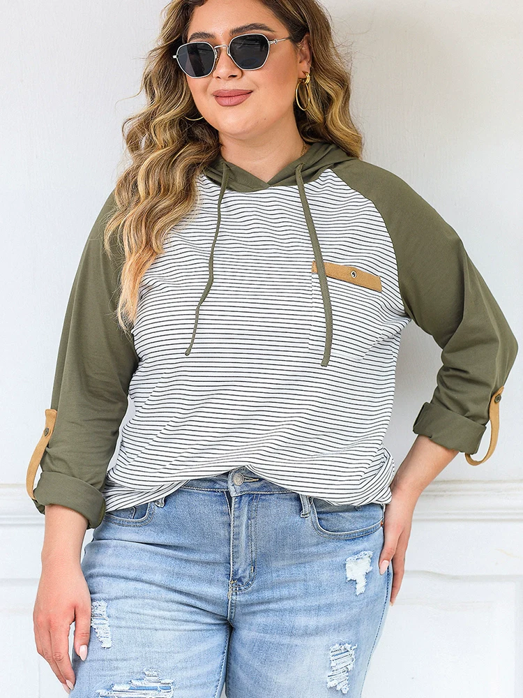 Fashion Plus Size Stripes Hooded Sweatshirt Women's 2024 Spring & Fall Thin Loose Casual Bottoming Top Women's Pullover - Image 2