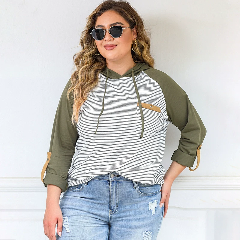 Fashion Plus Size Stripes Hooded Sweatshirt Women's 2024 Spring & Fall Thin Loose Casual Bottoming Top Women's Pullover - Image 7