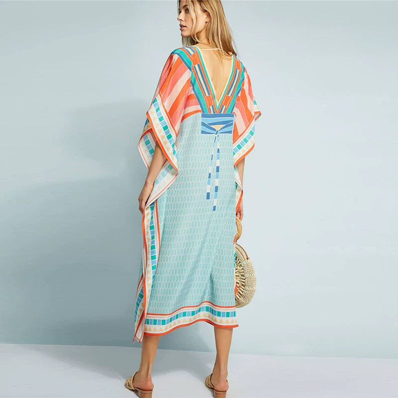 Fashion Polyester Print Front and Back V-neck Beach Cover-up Seaside Holiday Shirt Dress Bikini Cover - Image 4