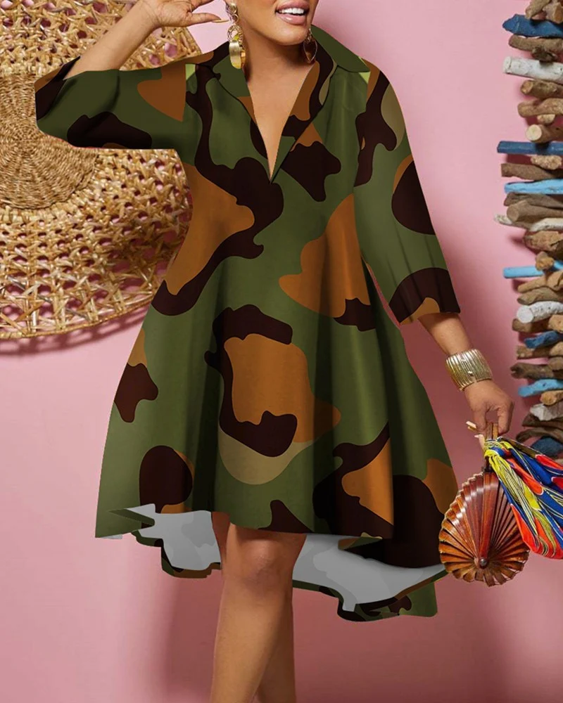 Fashion Print Loose Shirt Dress Women 2023 Spring Casual Leopard Camouflage Print Button Shirt Irregular Dresses For Women's - Image 4