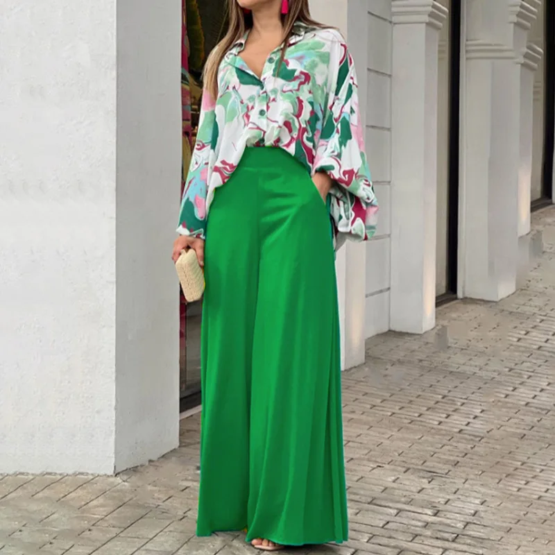 Fashion Print Set Women Casual Long Sleeve Button Shirt+Pockets High Waist Wide Leg Pants Office 2 Piece Sets Lady Spring Summer - Image 10