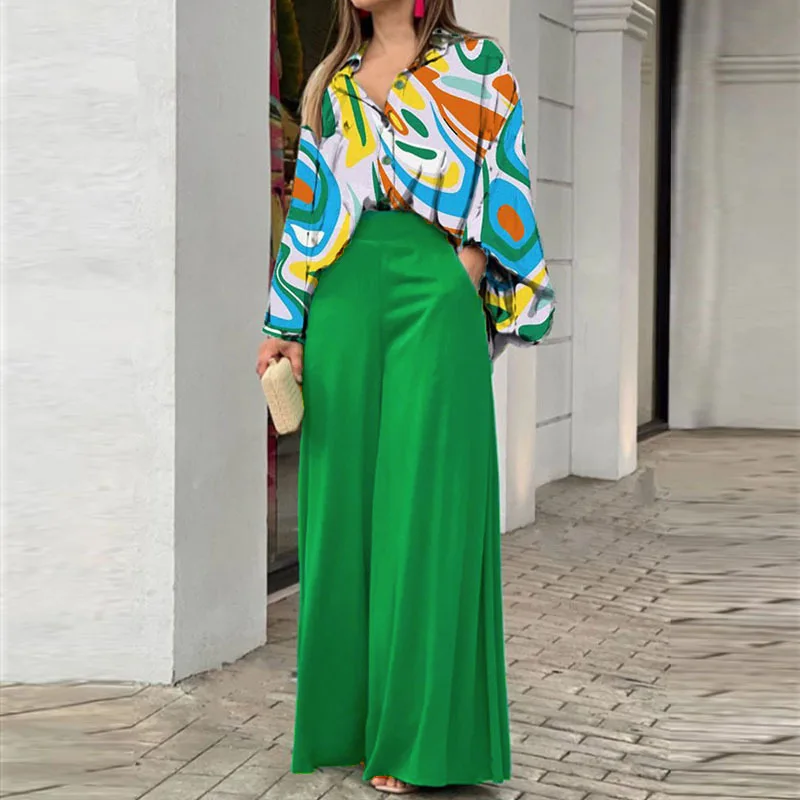 Fashion Print Set Women Casual Long Sleeve Button Shirt+Pockets High Waist Wide Leg Pants Office 2 Piece Sets Lady Spring Summer - Image 11
