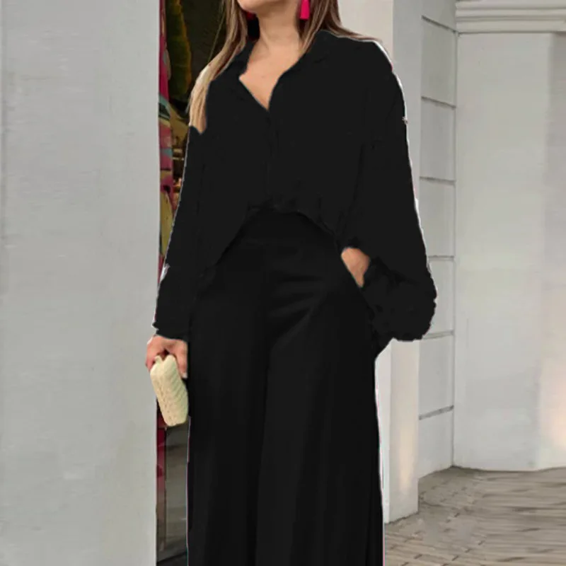 Fashion Print Set Women Casual Long Sleeve Button Shirt+Pockets High Waist Wide Leg Pants Office 2 Piece Sets Lady Spring Summer - Image 12
