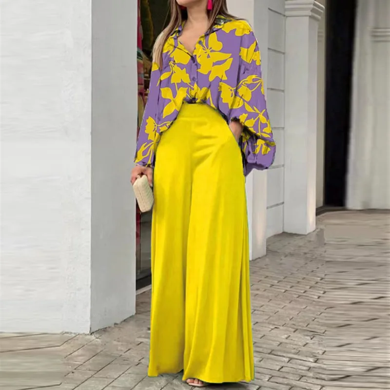 Fashion Print Set Women Casual Long Sleeve Button Shirt+Pockets High Waist Wide Leg Pants Office 2 Piece Sets Lady Spring Summer - Image 13