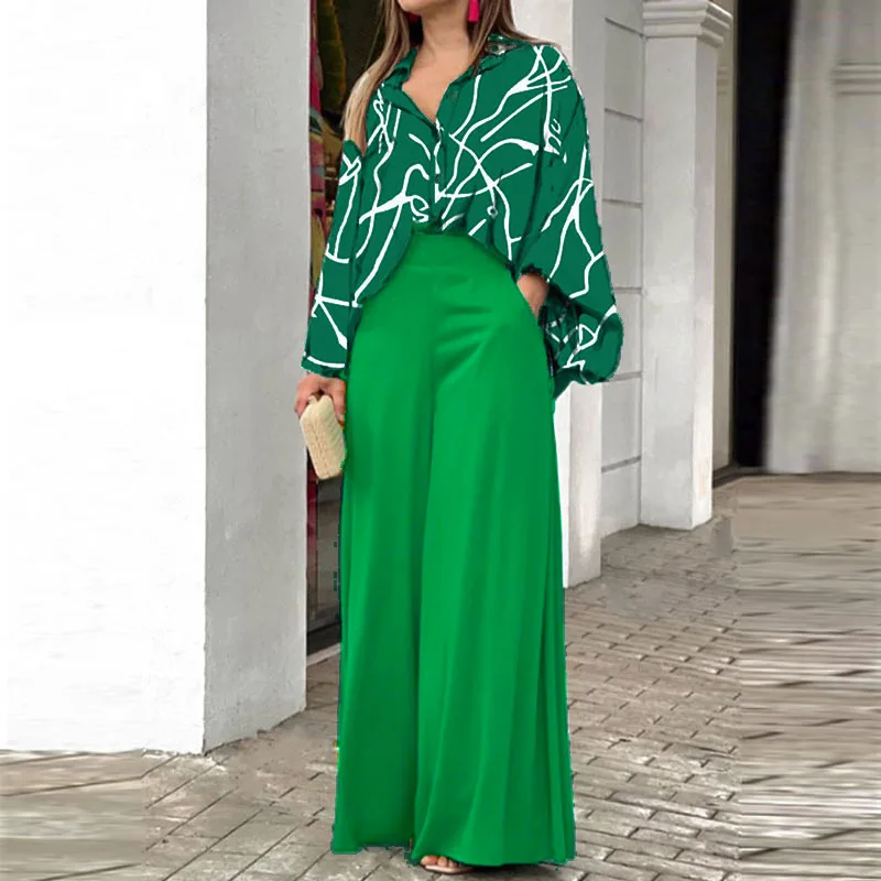 Fashion Print Set Women Casual Long Sleeve Button Shirt+Pockets High Waist Wide Leg Pants Office 2 Piece Sets Lady Spring Summer - Image 14