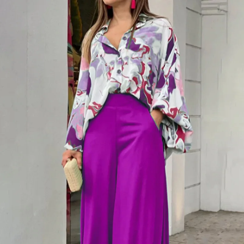 Fashion Print Set Women Casual Long Sleeve Button Shirt+Pockets High Waist Wide Leg Pants Office 2 Piece Sets Lady Spring Summer - Image 15