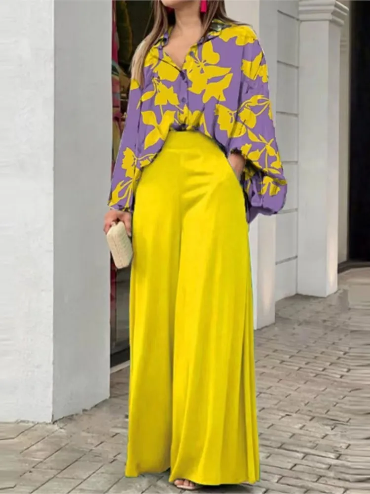 Fashion Print Set Women Casual Long Sleeve Button Shirt+Pockets High Waist Wide Leg Pants Office 2 Piece Sets Lady Spring Summer - Image 2