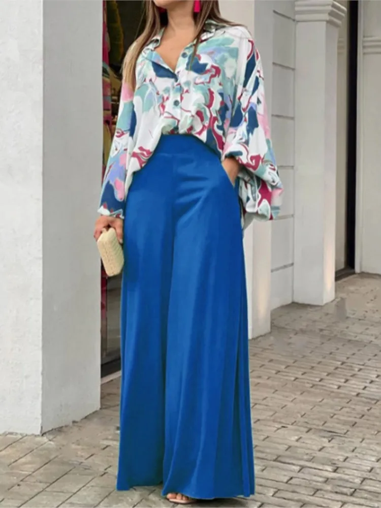 Fashion Print Set Women Casual Long Sleeve Button Shirt+Pockets High Waist Wide Leg Pants Office 2 Piece Sets Lady Spring Summer - Image 3