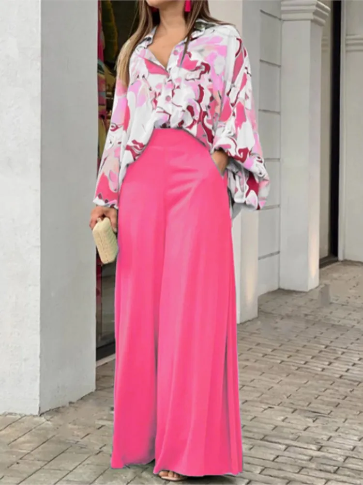Fashion Print Set Women Casual Long Sleeve Button Shirt+Pockets High Waist Wide Leg Pants Office 2 Piece Sets Lady Spring Summer - Image 4