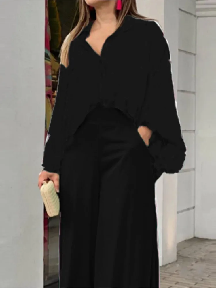 Fashion Print Set Women Casual Long Sleeve Button Shirt+Pockets High Waist Wide Leg Pants Office 2 Piece Sets Lady Spring Summer - Image 5