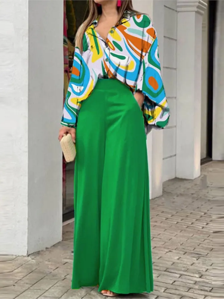 Fashion Print Set Women Casual Long Sleeve Button Shirt+Pockets High Waist Wide Leg Pants Office 2 Piece Sets Lady Spring Summer - Image 6