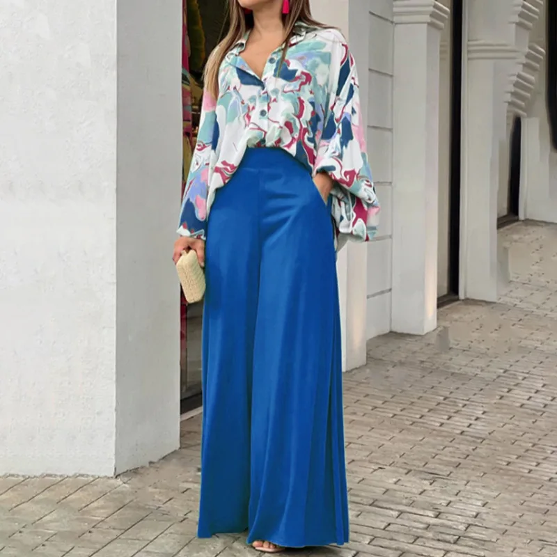 Fashion Print Set Women Casual Long Sleeve Button Shirt+Pockets High Waist Wide Leg Pants Office 2 Piece Sets Lady Spring Summer - Image 7