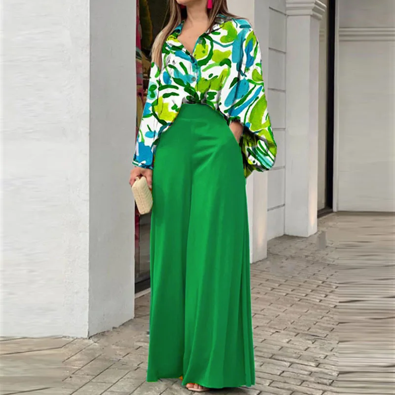 Fashion Print Set Women Casual Long Sleeve Button Shirt+Pockets High Waist Wide Leg Pants Office 2 Piece Sets Lady Spring Summer - Image 8