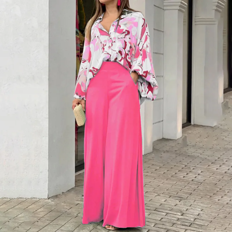 Fashion Print Set Women Casual Long Sleeve Button Shirt+Pockets High Waist Wide Leg Pants Office 2 Piece Sets Lady Spring Summer - Image 9