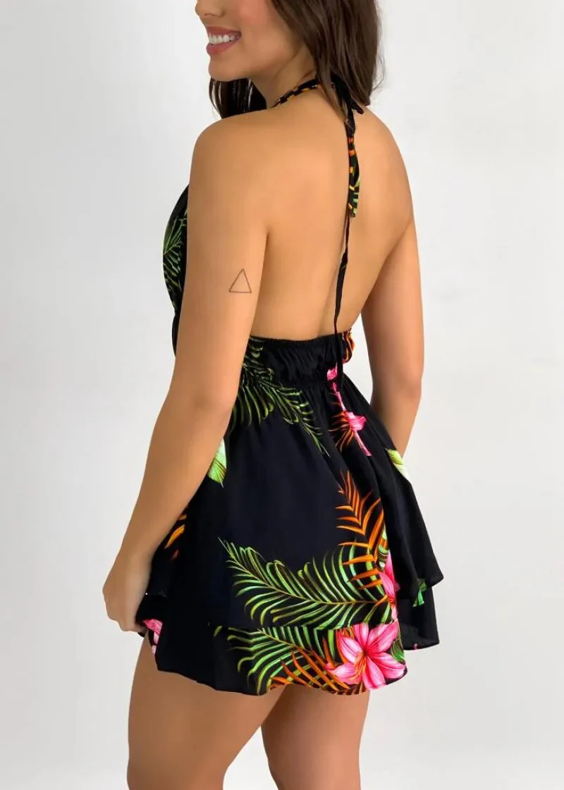 Fashion Print Sexy Strap Backless Lace Up Elegant Waist Mini Dress For Women V-Neck Casual Boho Holiday Short Beach 2023 Summer - Image 4
