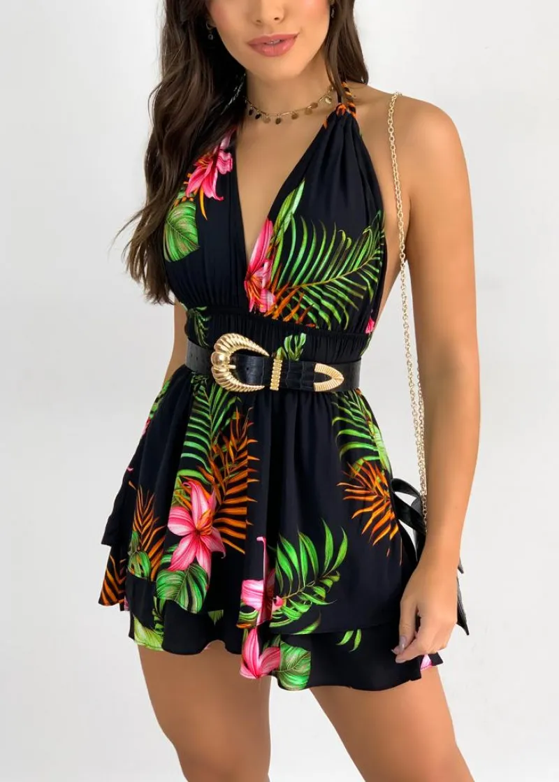 Fashion Print Sexy Strap Backless Lace Up Elegant Waist Mini Dress For Women V-Neck Casual Boho Holiday Short Beach 2023 Summer - Image 7