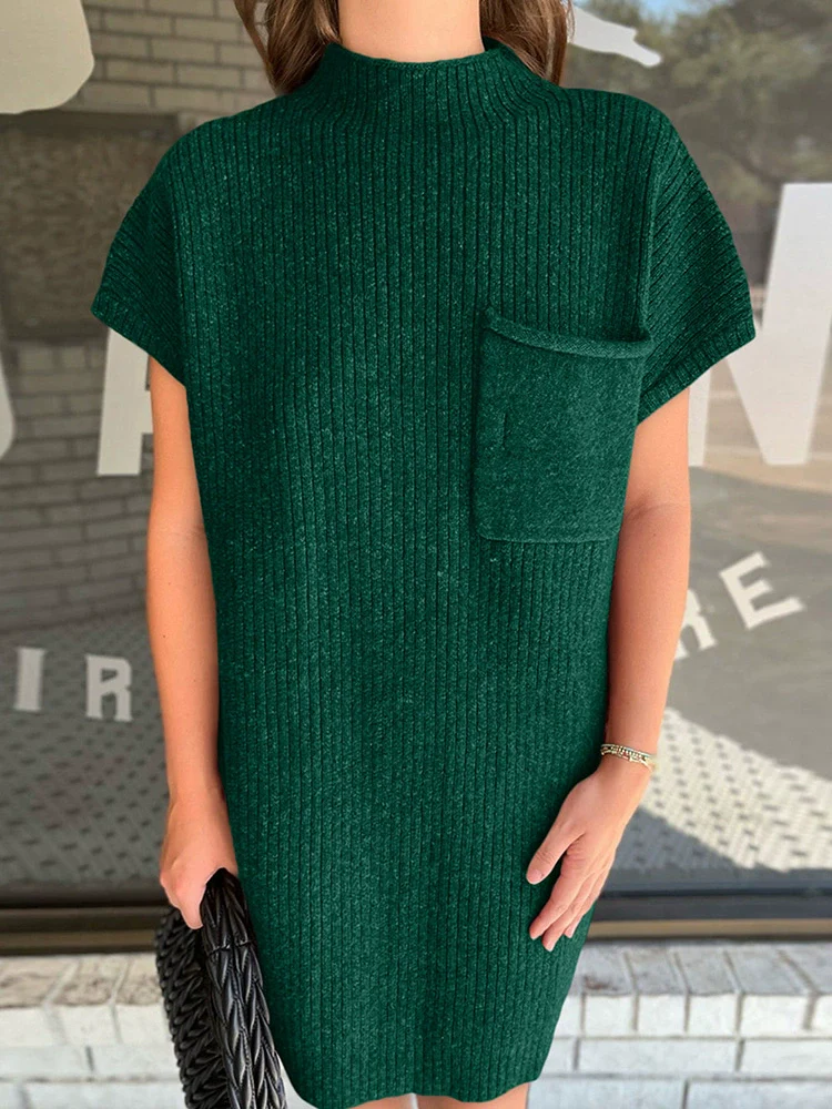 Fashion Pure Color Sweater with Short Sleeves Dress Female 2024 Summer New Simple and Versatile Pit Stripes Knee-Length Skirt Female - Image 4