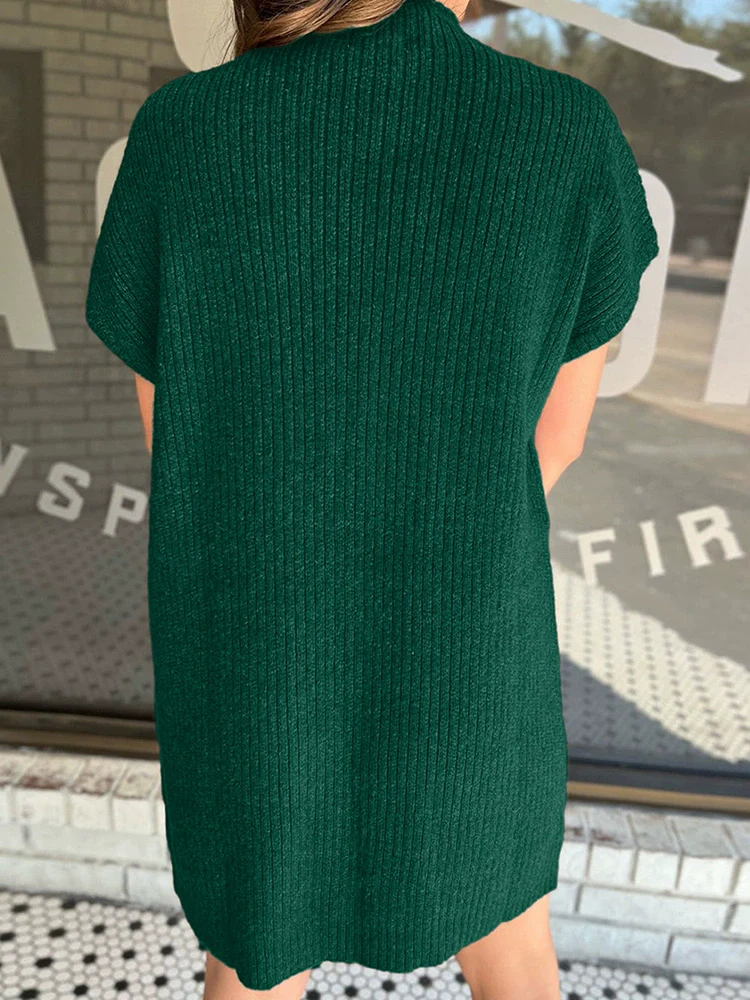 Fashion Pure Color Sweater with Short Sleeves Dress Female 2024 Summer New Simple and Versatile Pit Stripes Knee-Length Skirt Female - Image 5