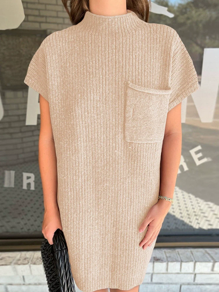 Fashion Pure Color Sweater with Short Sleeves Dress Female 2024 Summer New Simple and Versatile Pit Stripes Knee-Length Skirt Female - Image 6