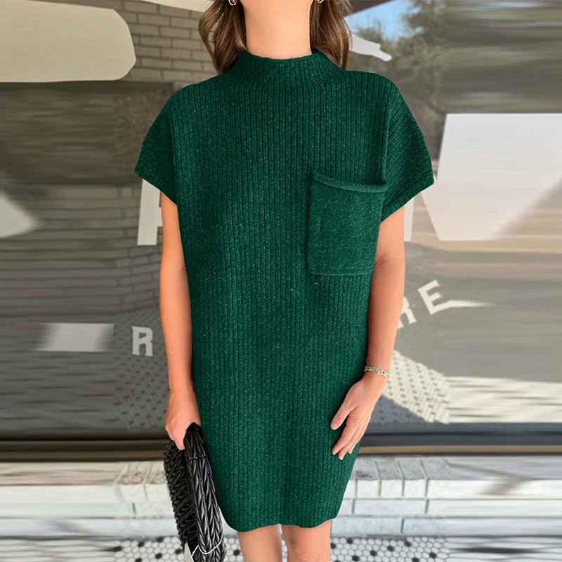 Fashion Pure Color Sweater with Short Sleeves Dress Female 2024 Summer New Simple and Versatile Pit Stripes Knee-Length Skirt Female - Image 7