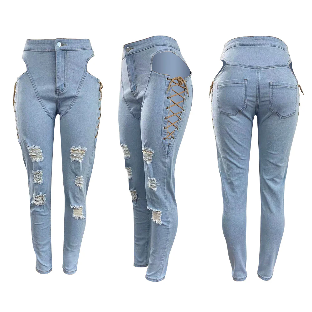 Fashion Ripped Women's Pants Lace up Jeans Denim Pants Ladies Jeans Hollow out  Casual  Women Jeans Trousers - Image 7