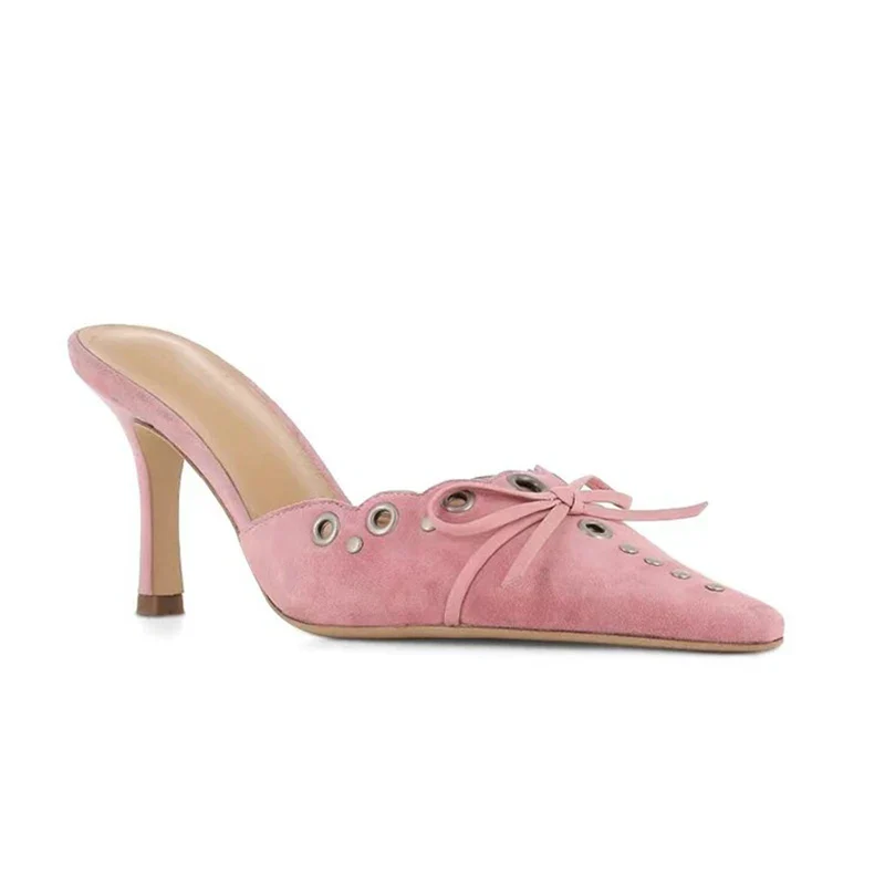 Fashion rivet pointed toe women mules low thin heel slip on women heels - Image 3