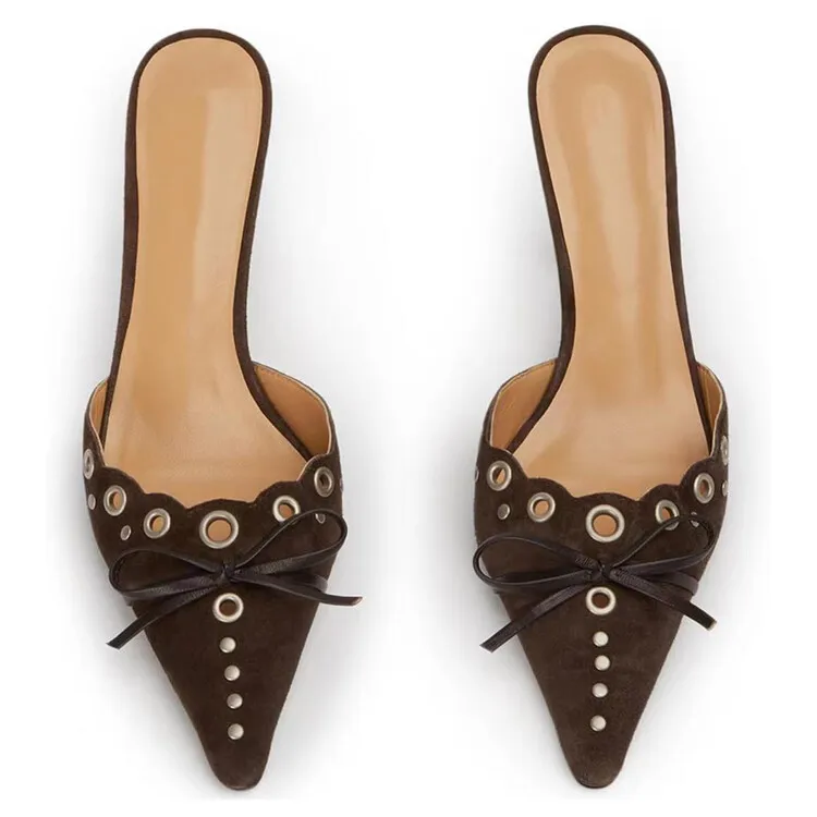 Fashion rivet pointed toe women mules low thin heel slip on women heels - Image 9