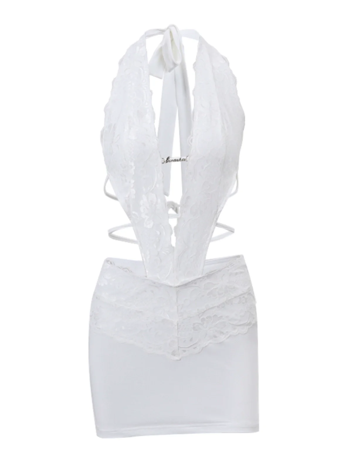 Fashion Sexy Lace Patchwork Deep V-neck Halter Dress Women's Spring Fashion Bare Back Slim Looking Hip Bag Miniskirt - Image 4