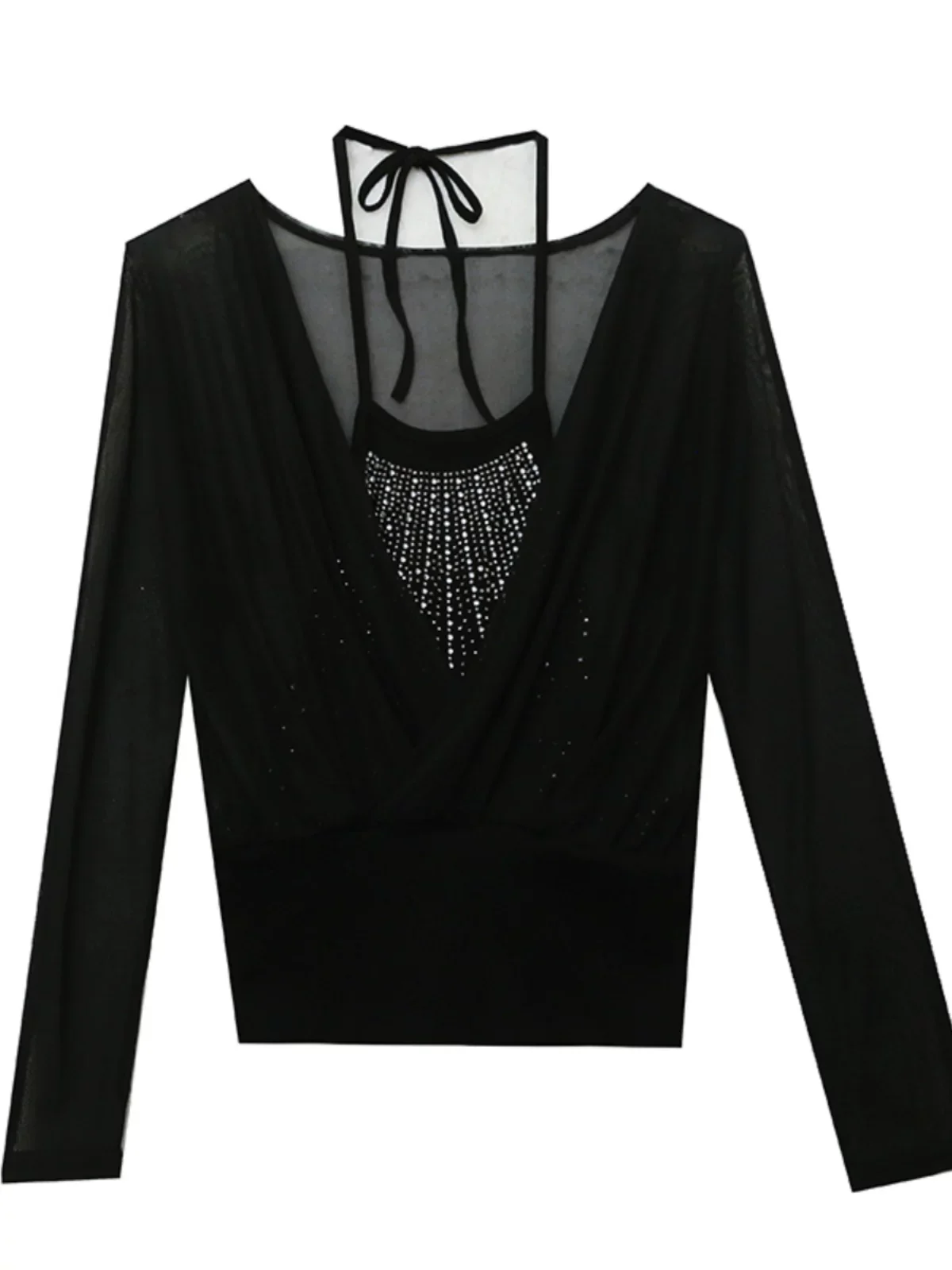 Fashion Sexy Mesh Bottoming Shirt Stylish Halterneck Rhinestone Strappy T-shirt Fake Two-Piece Tops Female Silm Baita - Image 5
