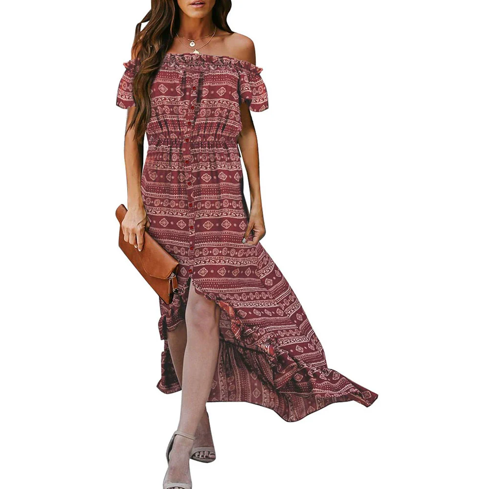 Fashion Sexy off-the-Shoulder Short Sleeve Dress Female 20224 Summer New Arrival Stylish Printed Waist-Controlled Slit Dress - Image 11