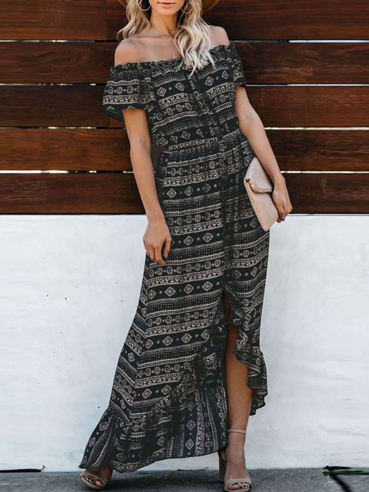 Fashion Sexy off-the-Shoulder Short Sleeve Dress Female 20224 Summer New Arrival Stylish Printed Waist-Controlled Slit Dress - Image 2