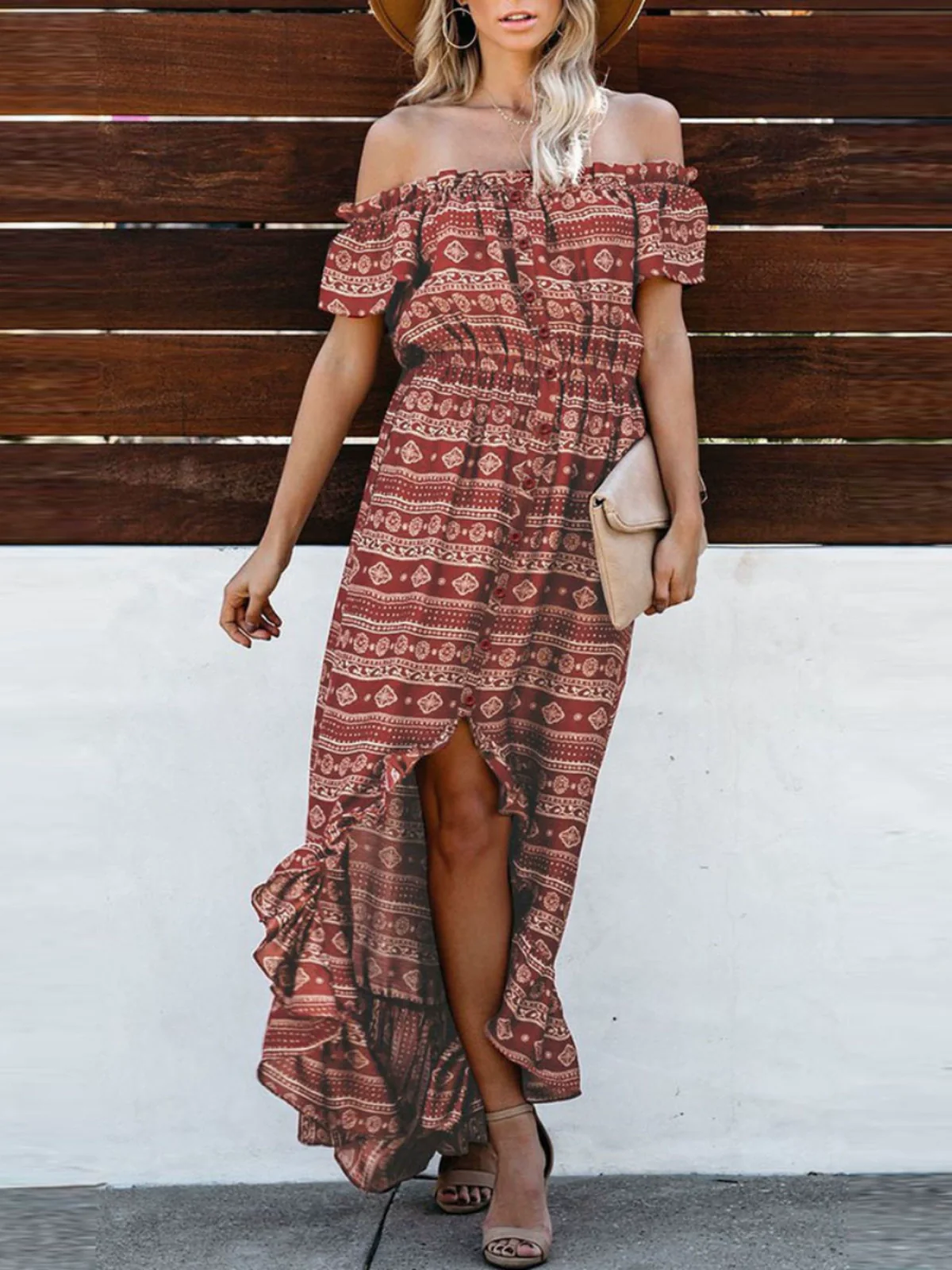 Fashion Sexy off-the-Shoulder Short Sleeve Dress Female 20224 Summer New Arrival Stylish Printed Waist-Controlled Slit Dress - Image 3