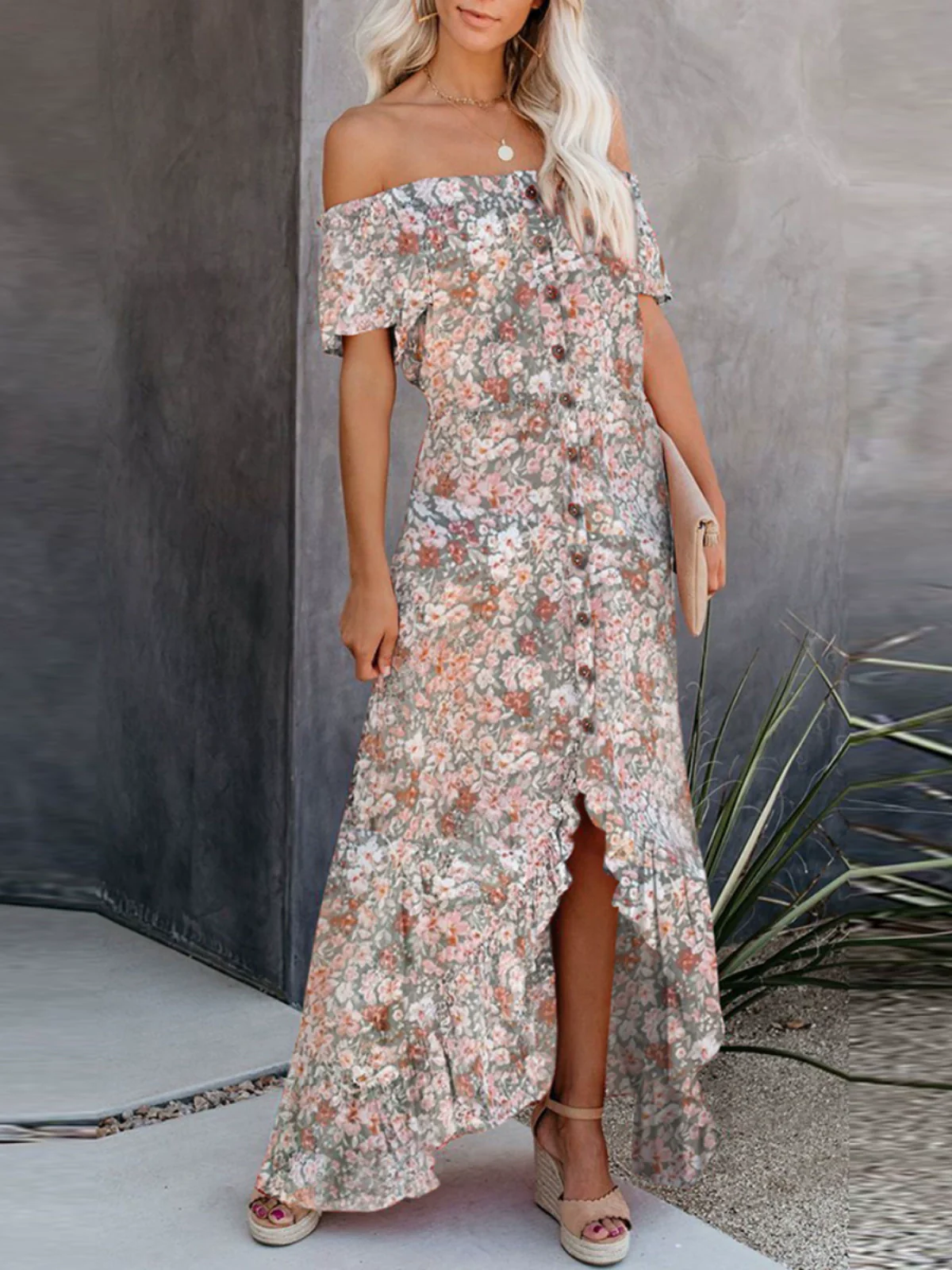 Fashion Sexy off-the-Shoulder Short Sleeve Dress Female 20224 Summer New Arrival Stylish Printed Waist-Controlled Slit Dress - Image 5