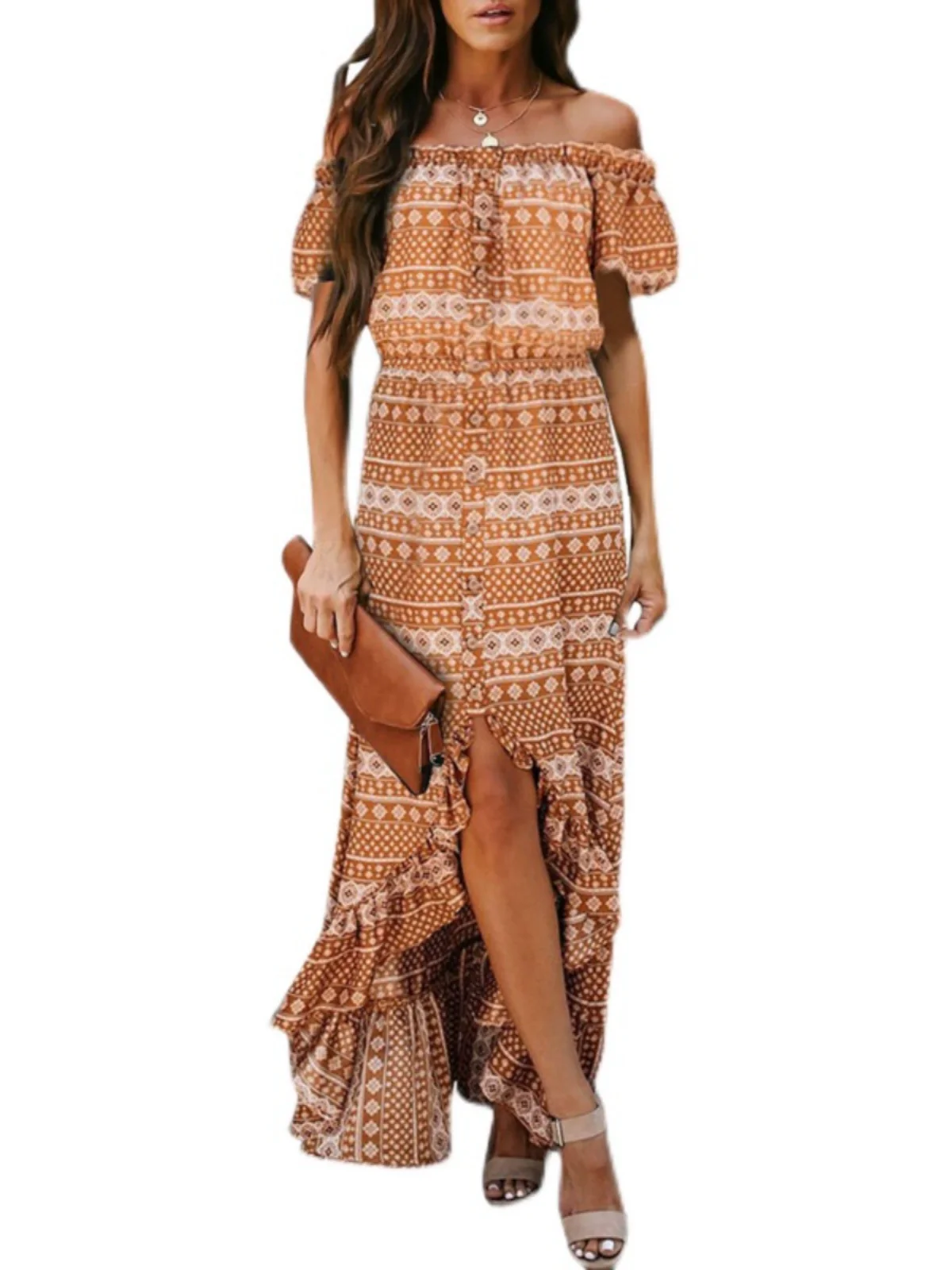 Fashion Sexy off-the-Shoulder Short Sleeve Dress Female 20224 Summer New Arrival Stylish Printed Waist-Controlled Slit Dress - Image 6
