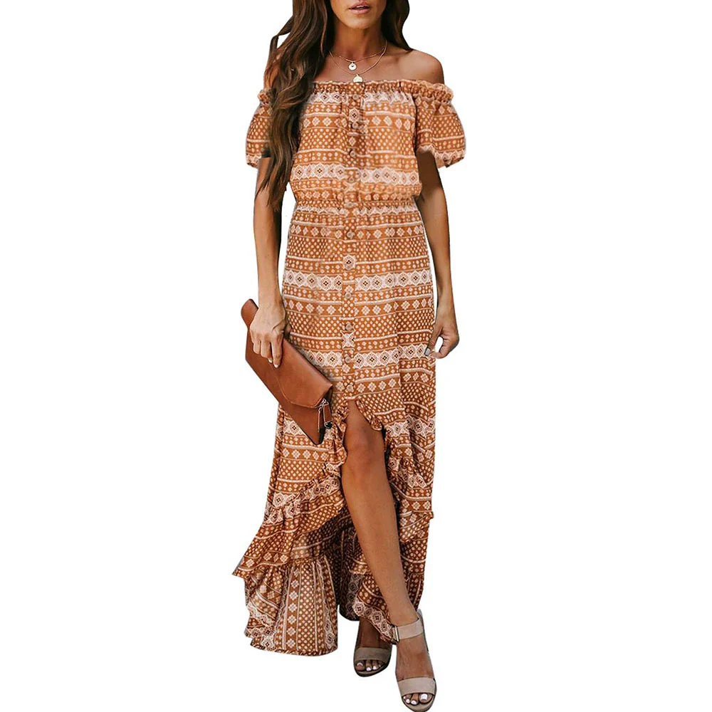 Fashion Sexy off-the-Shoulder Short Sleeve Dress Female 20224 Summer New Arrival Stylish Printed Waist-Controlled Slit Dress - Image 7